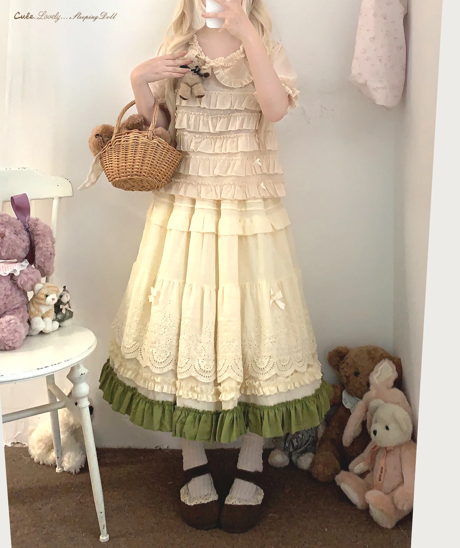 Japanese Mori Artistic Style Embroidered Lace Bow Ruffled Elastic High Waist A-line Retro Casual Lolita Long Skirts for Women