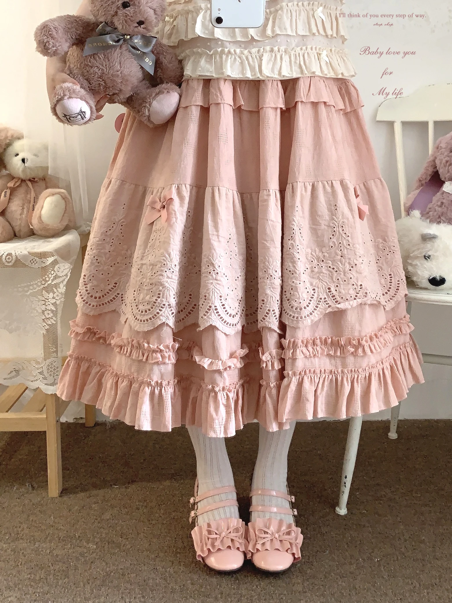 Japanese Mori Artistic Style Embroidered Lace Bow Ruffled Elastic High Waist A-line Retro Casual Lolita Long Skirts for Women