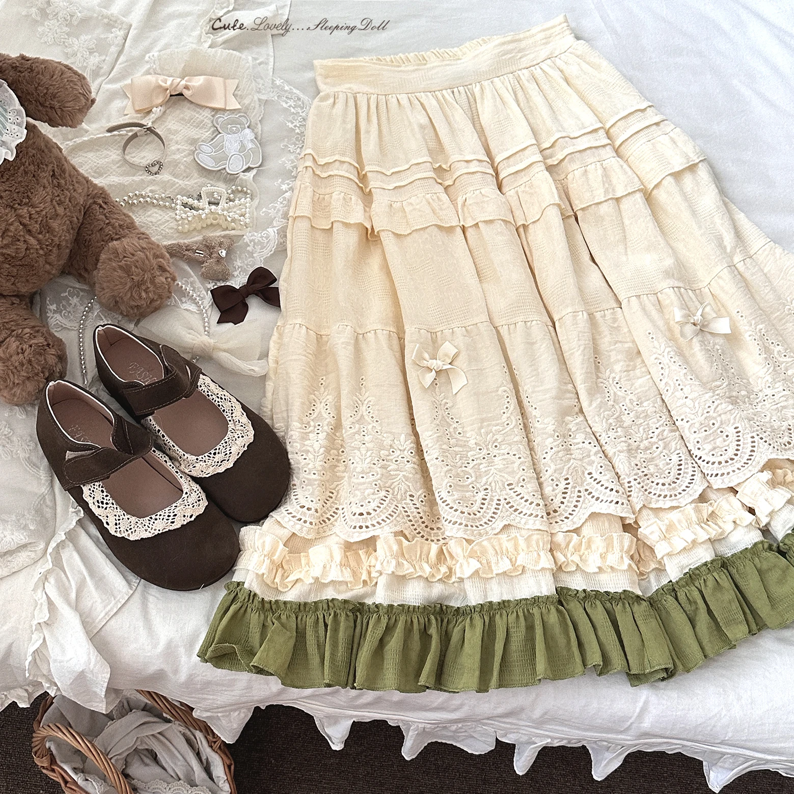 Japanese Mori Artistic Style Embroidered Lace Bow Ruffled Elastic High Waist A-line Retro Casual Lolita Long Skirts for Women