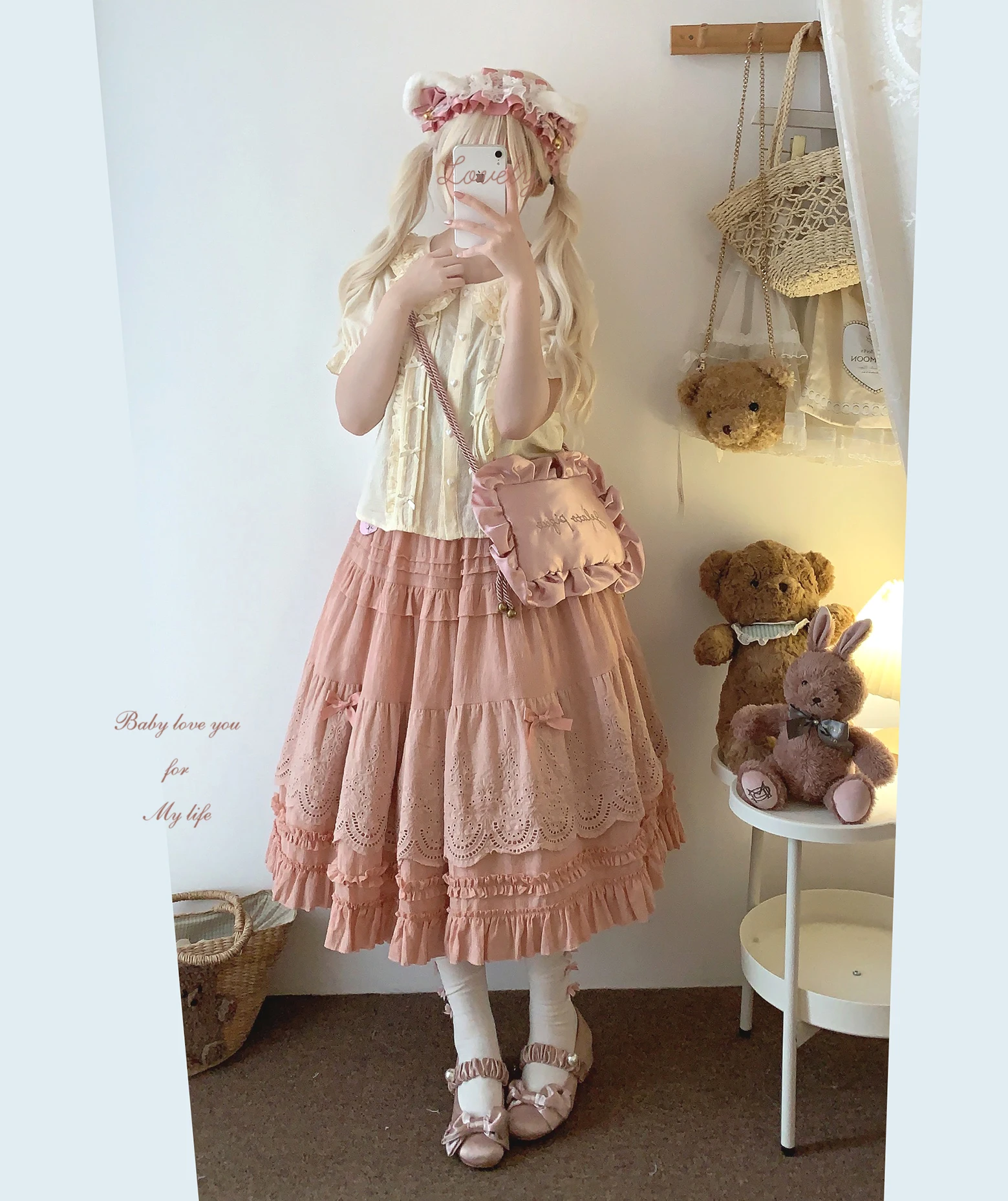 Japanese Mori Artistic Style Embroidered Lace Bow Ruffled Elastic High Waist A-line Retro Casual Lolita Long Skirts for Women