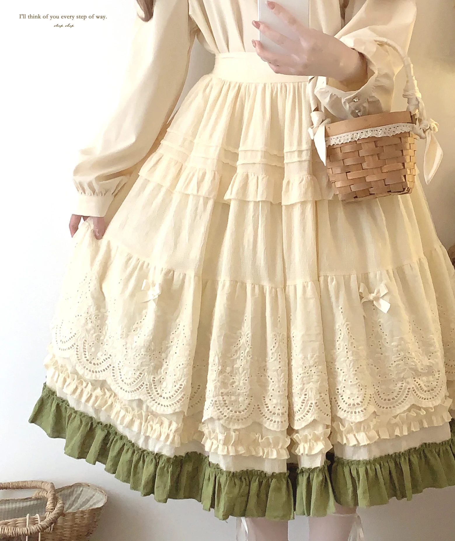Japanese Mori Artistic Style Embroidered Lace Bow Ruffled Elastic High Waist A-line Retro Casual Lolita Long Skirts for Women