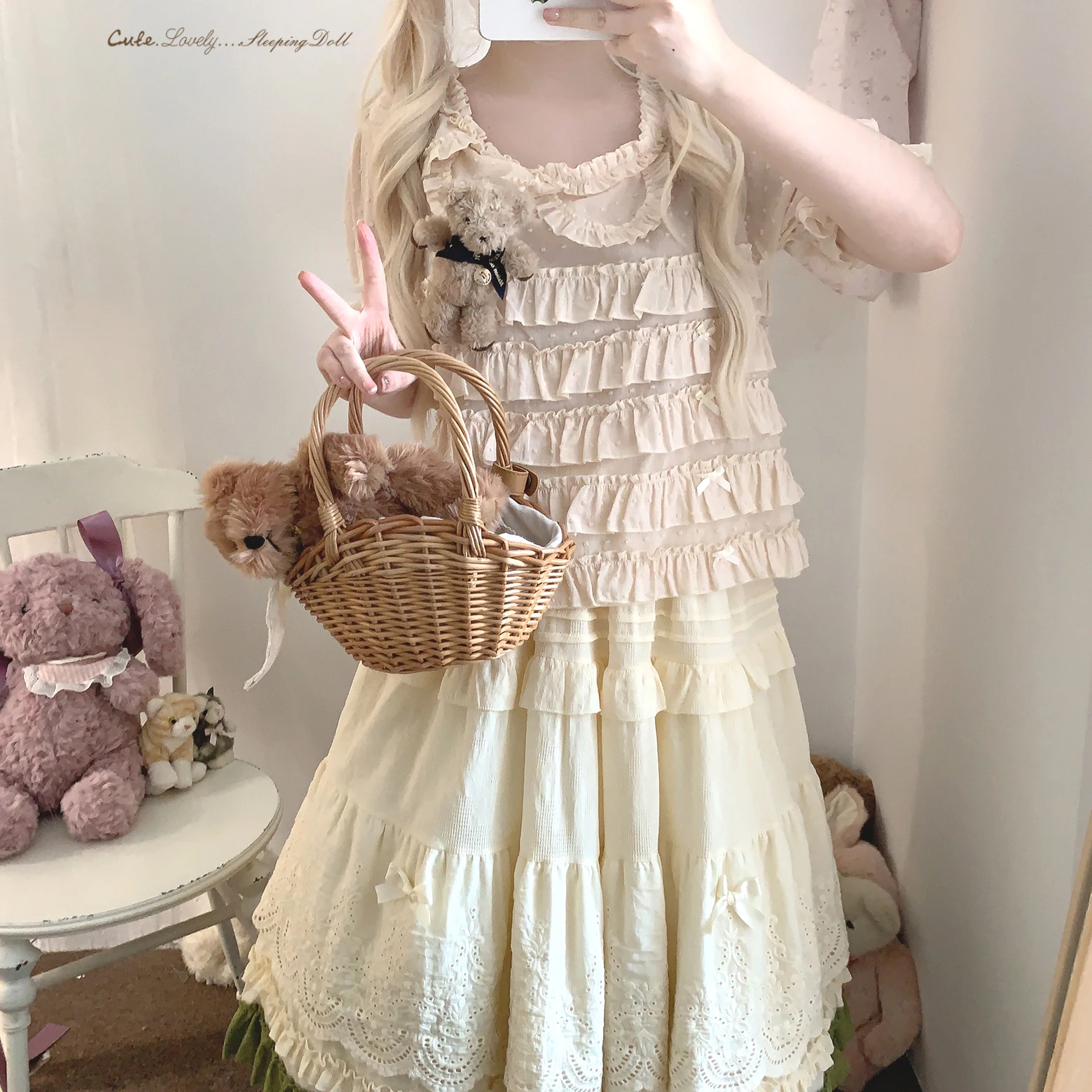 Japanese Mori Artistic Style Embroidered Lace Bow Ruffled Elastic High Waist A-line Retro Casual Lolita Long Skirts for Women