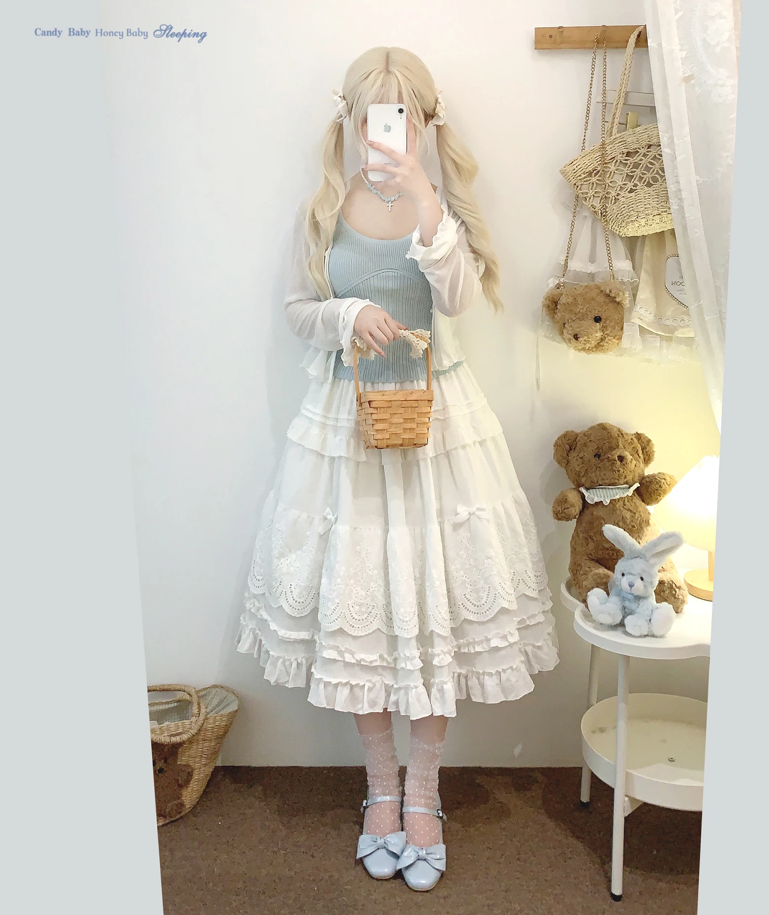Japanese Mori Artistic Style Embroidered Lace Bow Ruffled Elastic High Waist A-line Retro Casual Lolita Long Skirts for Women