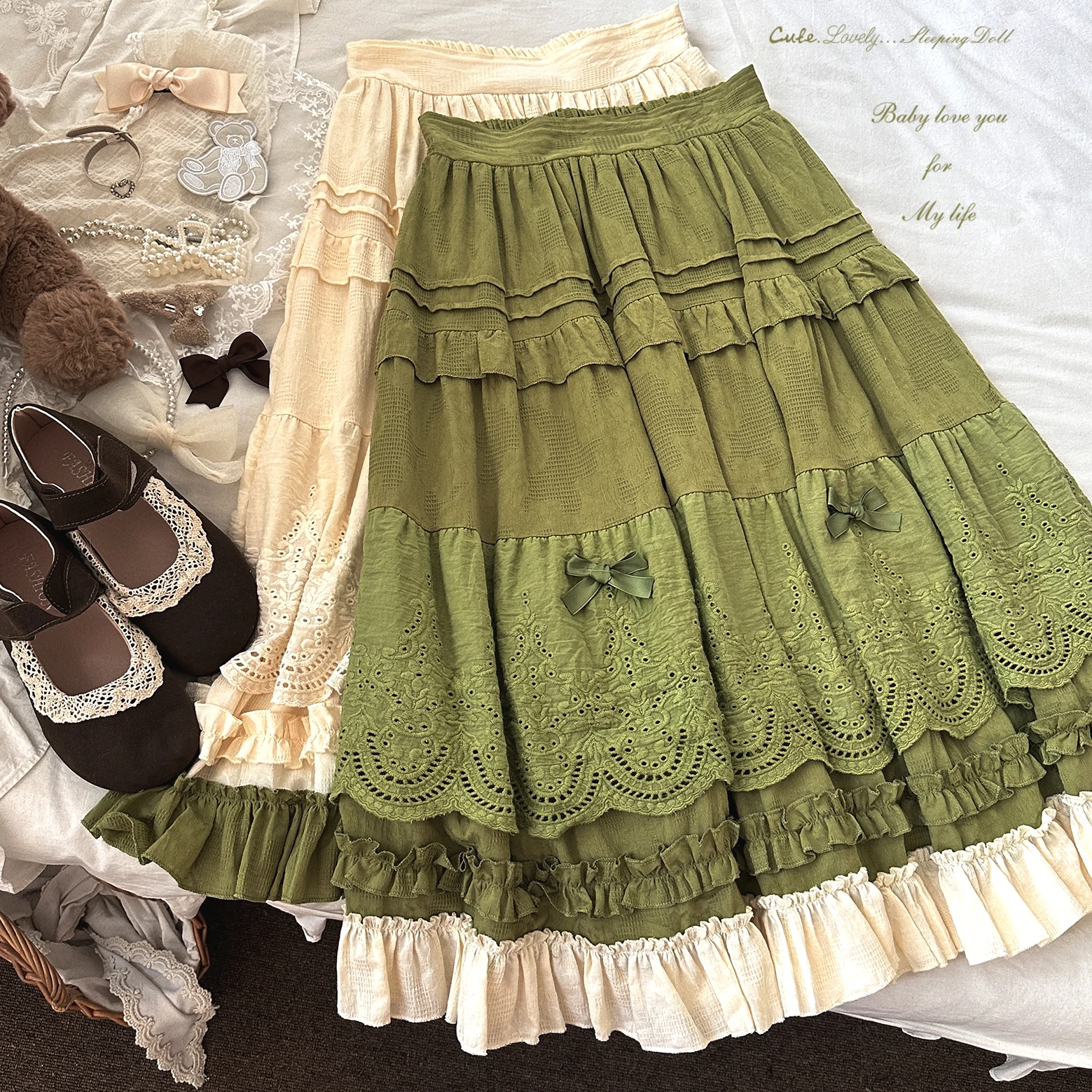 Japanese Mori Artistic Style Embroidered Lace Bow Ruffled Elastic High Waist A-line Retro Casual Lolita Long Skirts for Women