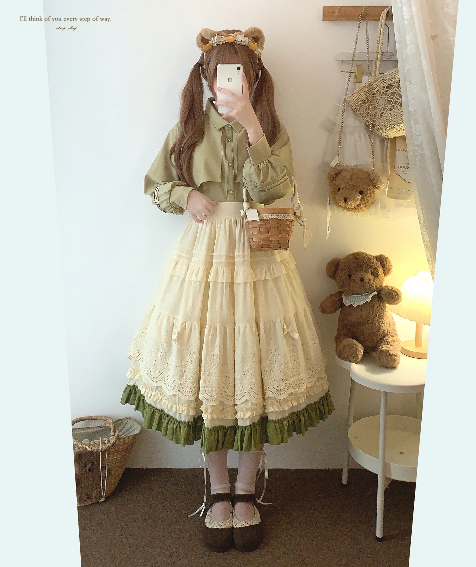 Japanese Mori Artistic Style Embroidered Lace Bow Ruffled Elastic High Waist A-line Retro Casual Lolita Long Skirts for Women