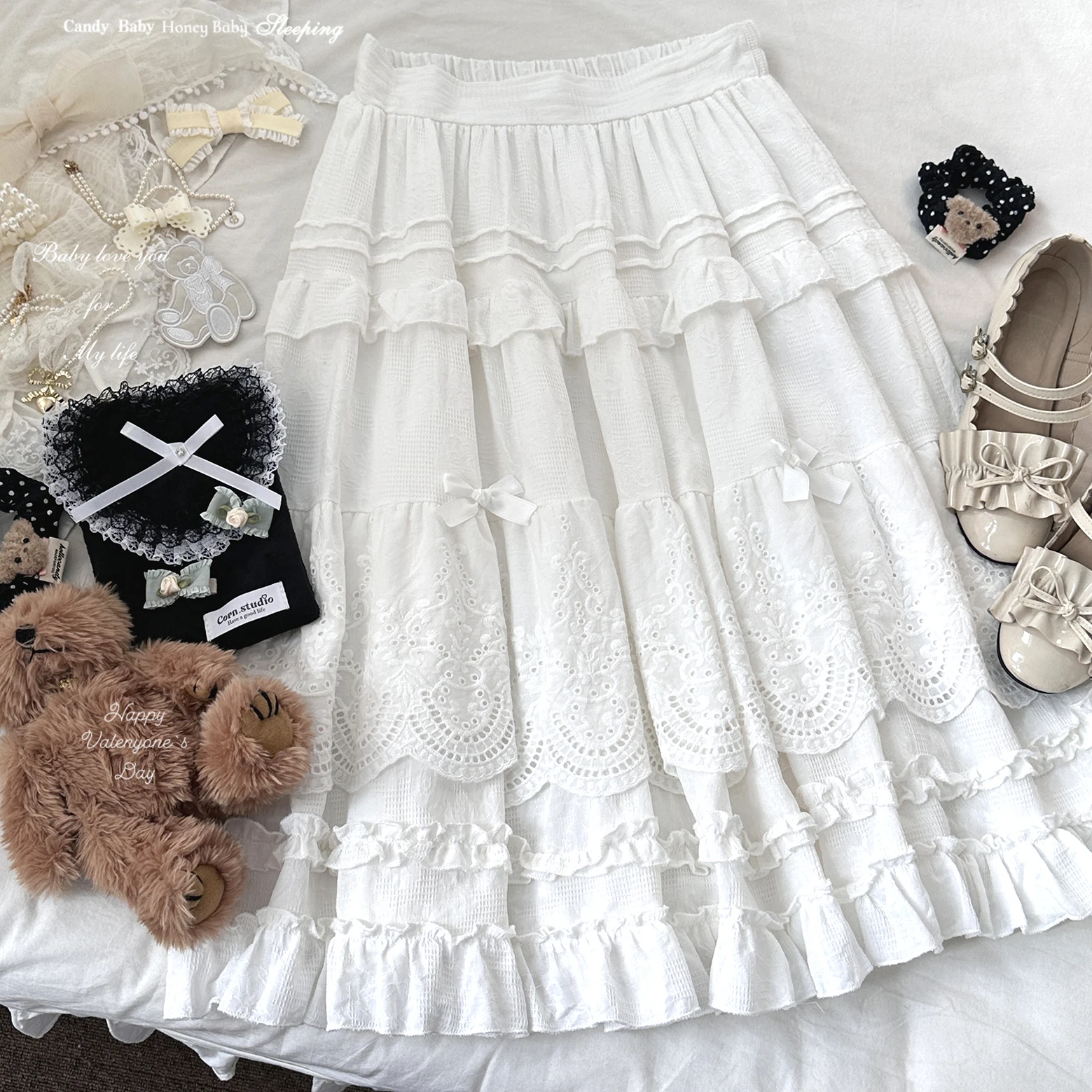 Japanese Mori Artistic Style Embroidered Lace Bow Ruffled Elastic High Waist A-line Retro Casual Lolita Long Skirts for Women