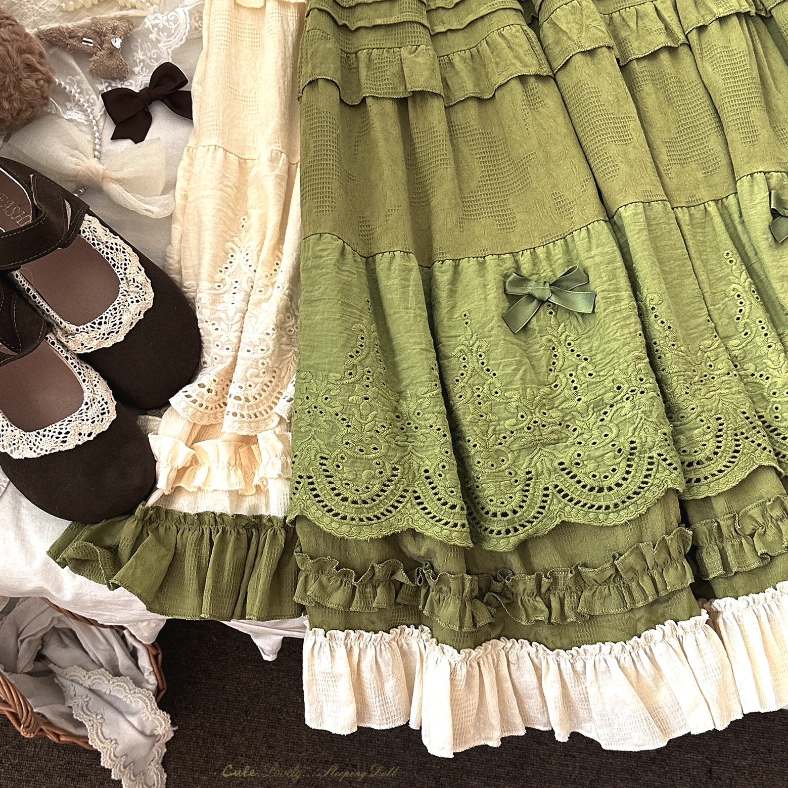 Japanese Mori Artistic Style Embroidered Lace Bow Ruffled Elastic High Waist A-line Retro Casual Lolita Long Skirts for Women
