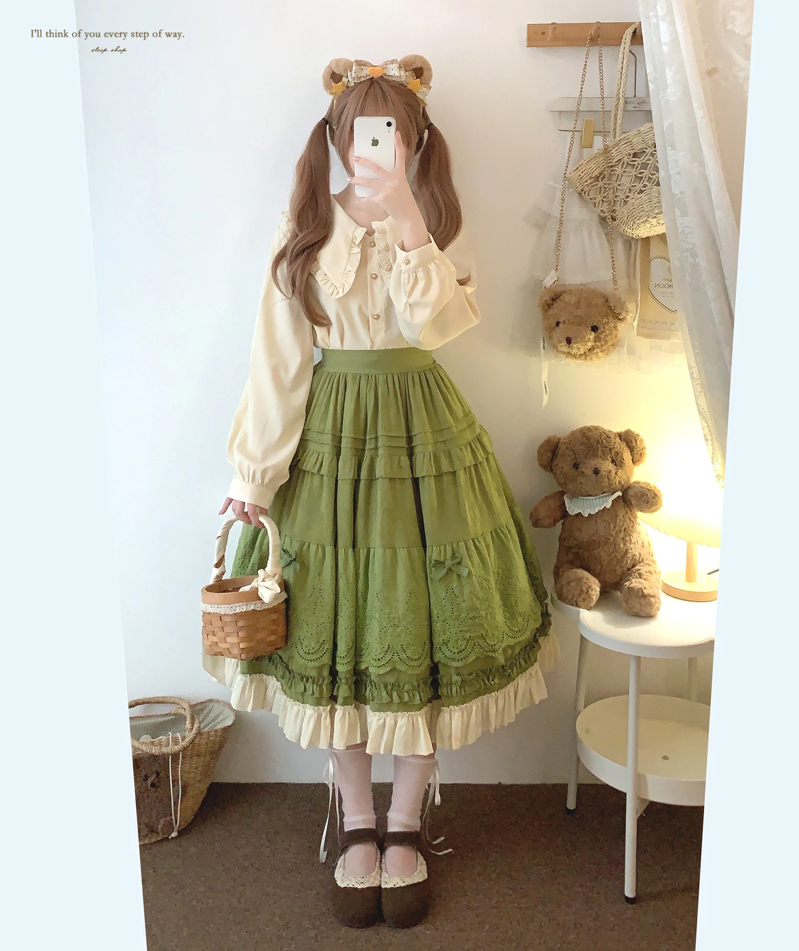 Japanese Mori Artistic Style Embroidered Lace Bow Ruffled Elastic High Waist A-line Retro Casual Lolita Long Skirts for Women