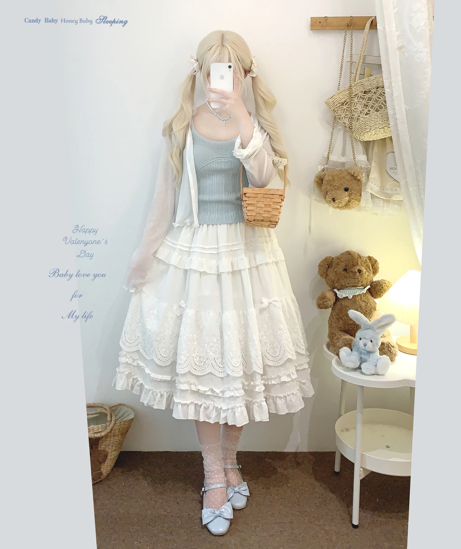 Japanese Mori Artistic Style Embroidered Lace Bow Ruffled Elastic High Waist A-line Retro Casual Lolita Long Skirts for Women