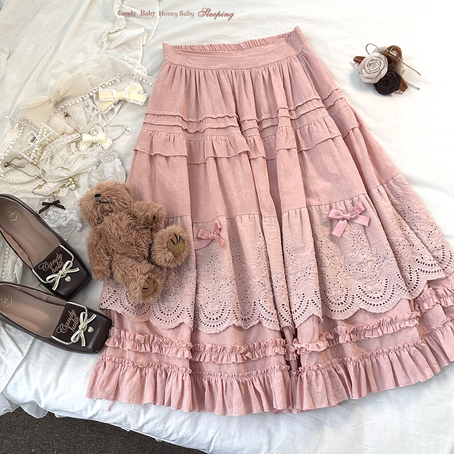 Japanese Mori Artistic Style Embroidered Lace Bow Ruffled Elastic High Waist A-line Retro Casual Lolita Long Skirts for Women