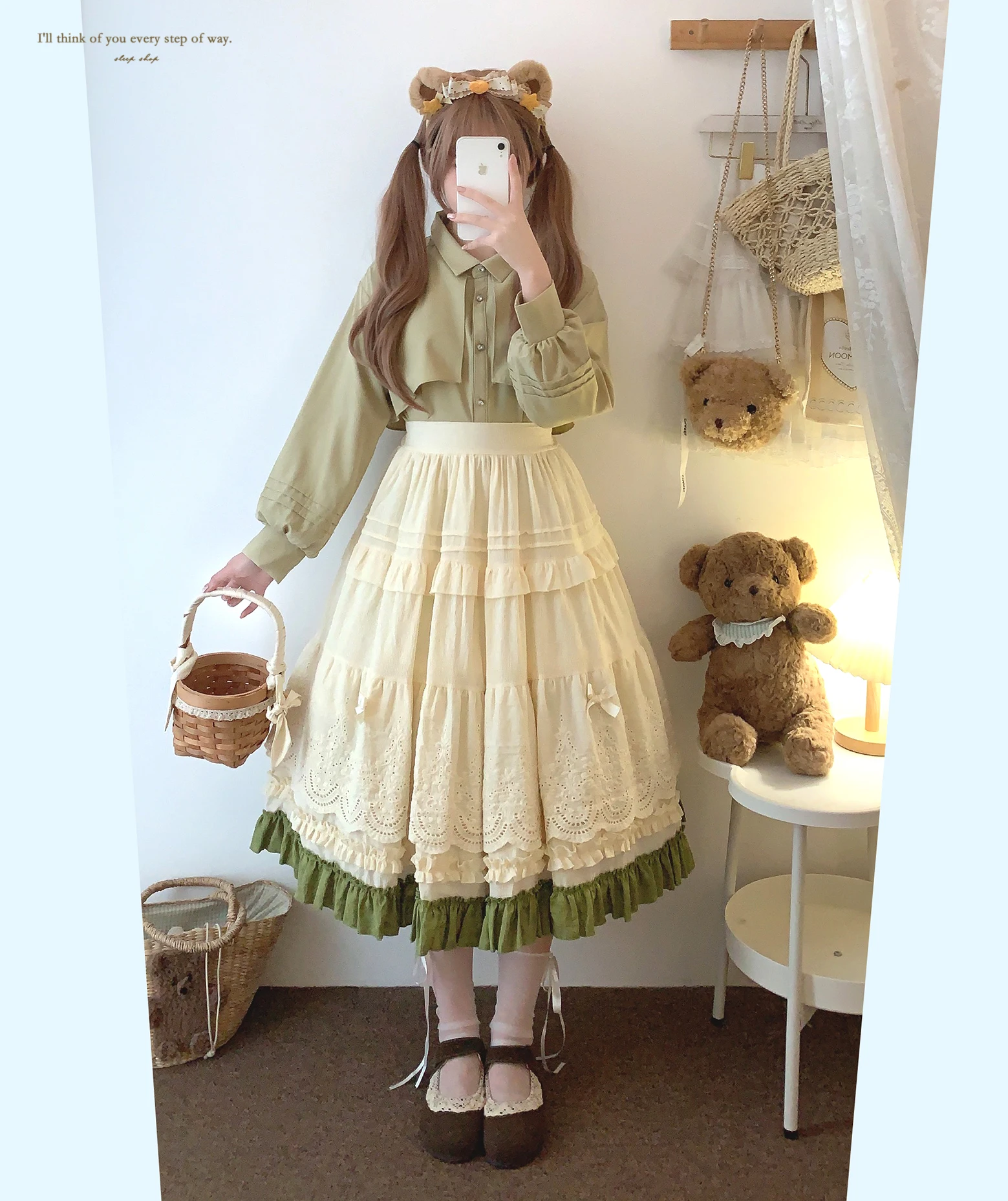Japanese Mori Artistic Style Embroidered Lace Bow Ruffled Elastic High Waist A-line Retro Casual Lolita Long Skirts for Women