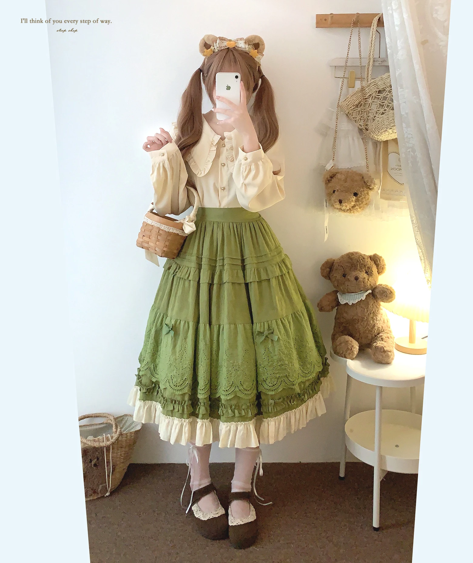 Japanese Mori Artistic Style Embroidered Lace Bow Ruffled Elastic High Waist A-line Retro Casual Lolita Long Skirts for Women