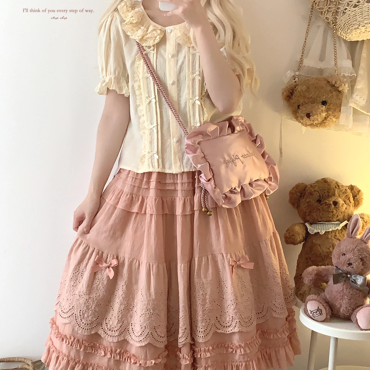 Japanese Mori Artistic Style Embroidered Lace Bow Ruffled Elastic High Waist A-line Retro Casual Lolita Long Skirts for Women