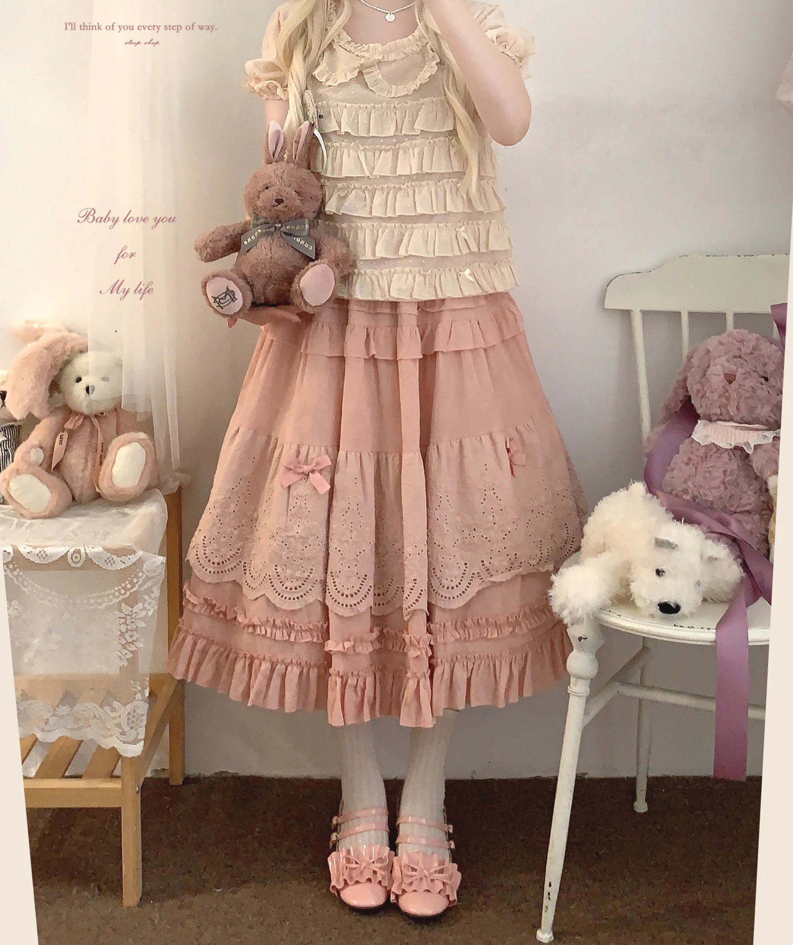 Japanese Mori Artistic Style Embroidered Lace Bow Ruffled Elastic High Waist A-line Retro Casual Lolita Long Skirts for Women