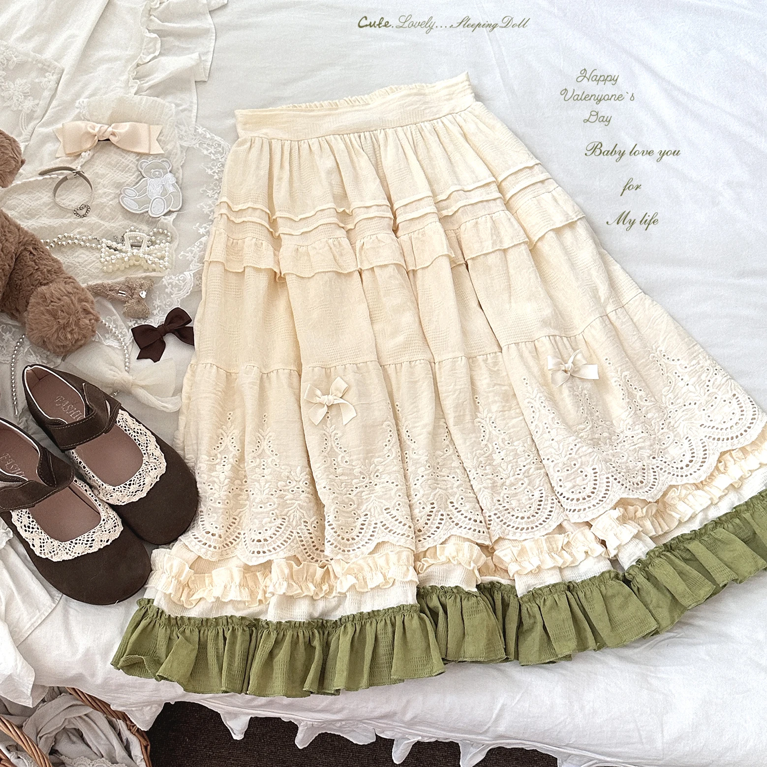 Japanese Mori Artistic Style Embroidered Lace Bow Ruffled Elastic High Waist A-line Retro Casual Lolita Long Skirts for Women