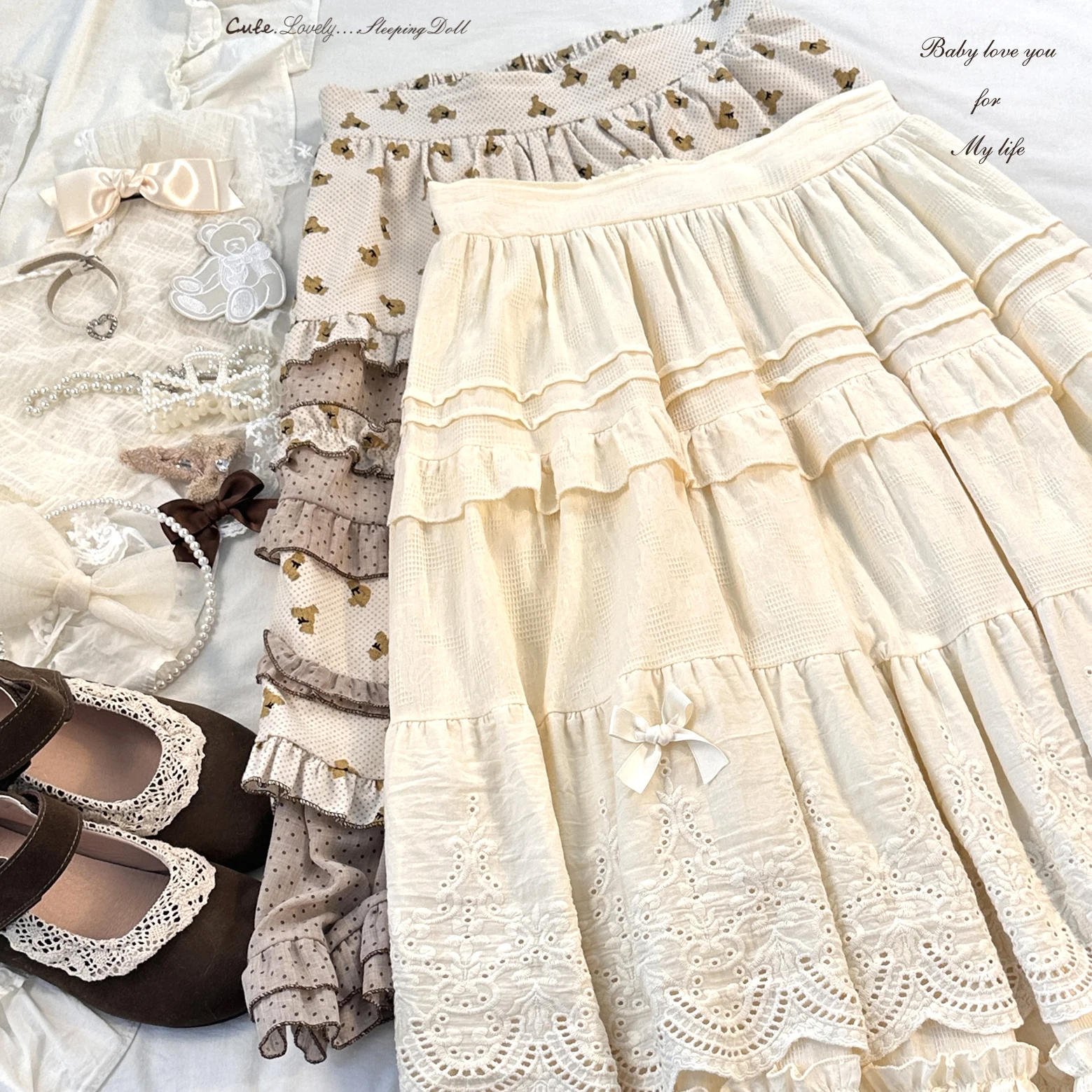 Japanese Mori Artistic Style Embroidered Lace Bow Ruffled Elastic High Waist A-line Retro Casual Lolita Long Skirts for Women