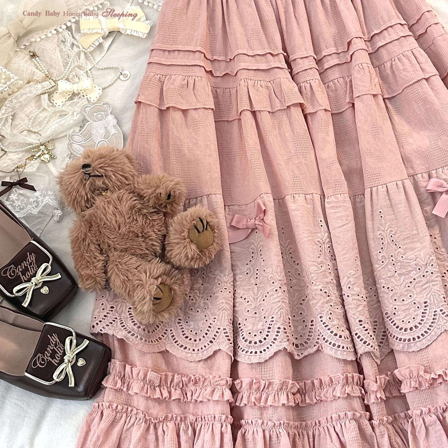 Japanese Mori Artistic Style Embroidered Lace Bow Ruffled Elastic High Waist A-line Retro Casual Lolita Long Skirts for Women