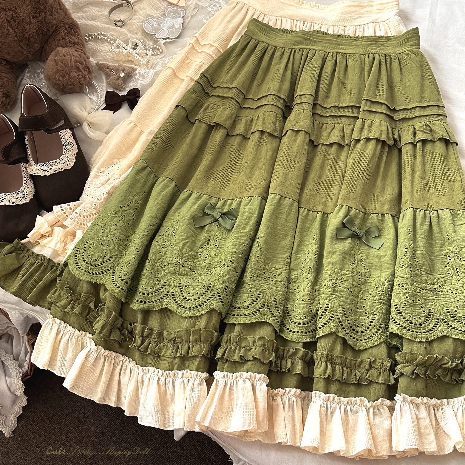 Japanese Mori Artistic Style Embroidered Lace Bow Ruffled Elastic High Waist A-line Retro Casual Lolita Long Skirts for Women