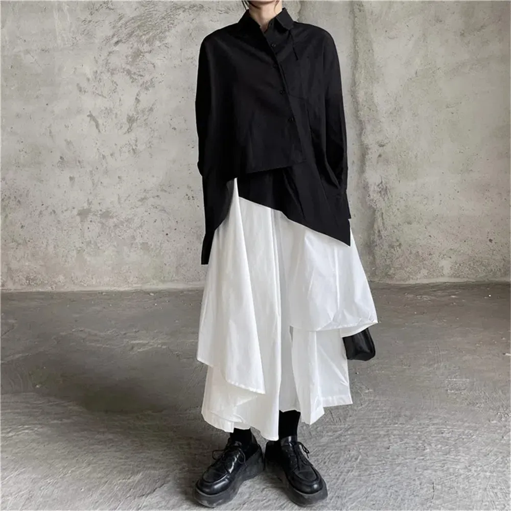 Gothic Frosty Irregular Skirts Pants Women High Waist Solid White Black Brown Long Pleated Skirts 2022 Korean Hip Hop Streetwear