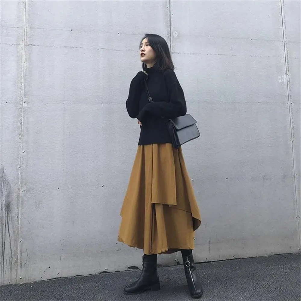Gothic Frosty Irregular Skirts Pants Women High Waist Solid White Black Brown Long Pleated Skirts 2022 Korean Hip Hop Streetwear
