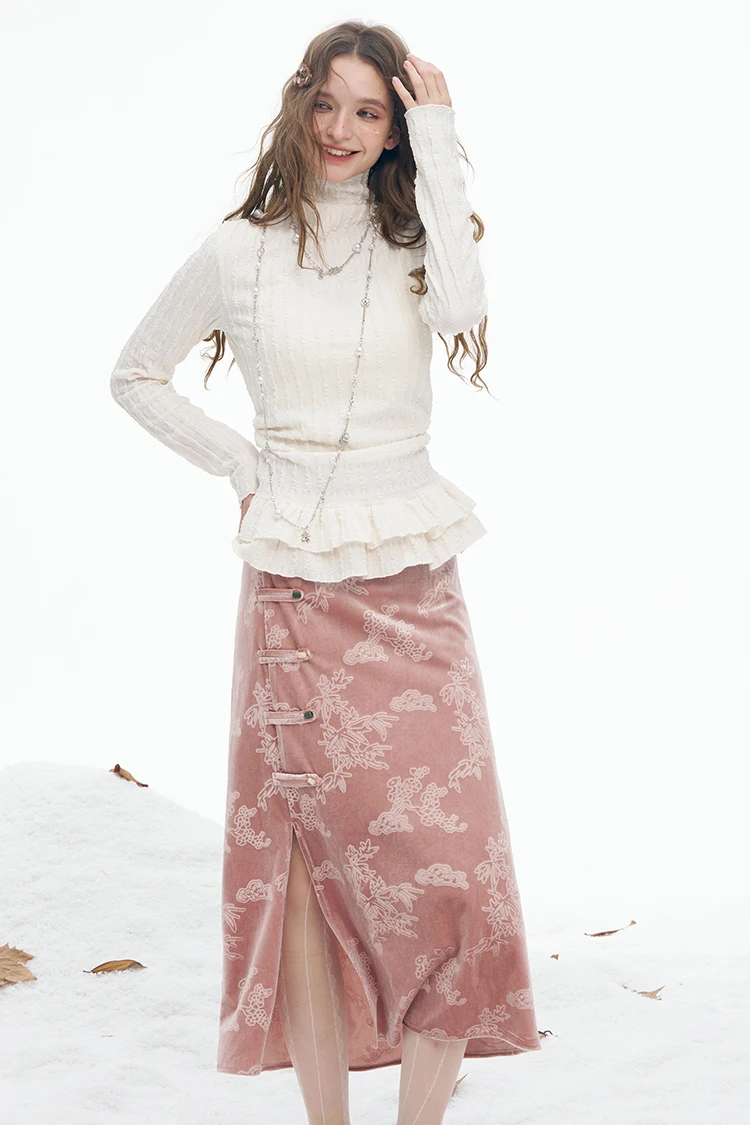 ELFSACK New Oriental Style Velvet Midi Skirt Autumn Winter A Line Jacquard Frog Buttons Elegant Soft Female Skirt