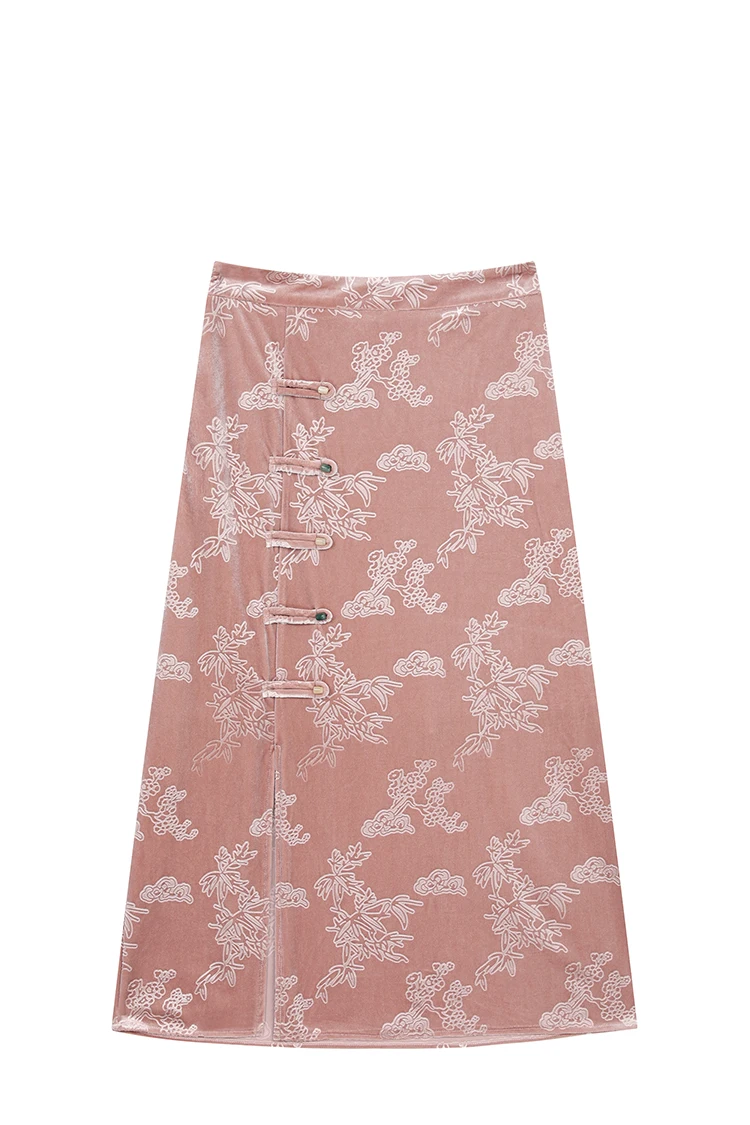 ELFSACK New Oriental Style Velvet Midi Skirt Autumn Winter A Line Jacquard Frog Buttons Elegant Soft Female Skirt