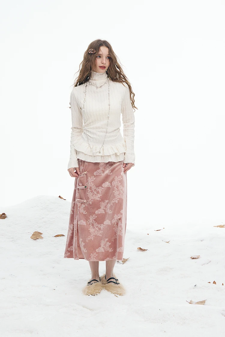 ELFSACK New Oriental Style Velvet Midi Skirt Autumn Winter A Line Jacquard Frog Buttons Elegant Soft Female Skirt