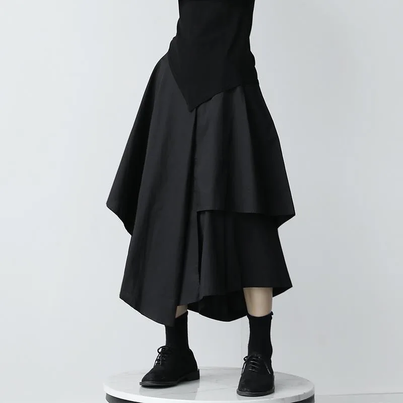 Black Skirts Woman Japanese Gothic Irregular High Waist Pleated Skirt Pants for Women Vintage Solid Cargo Skirts Female