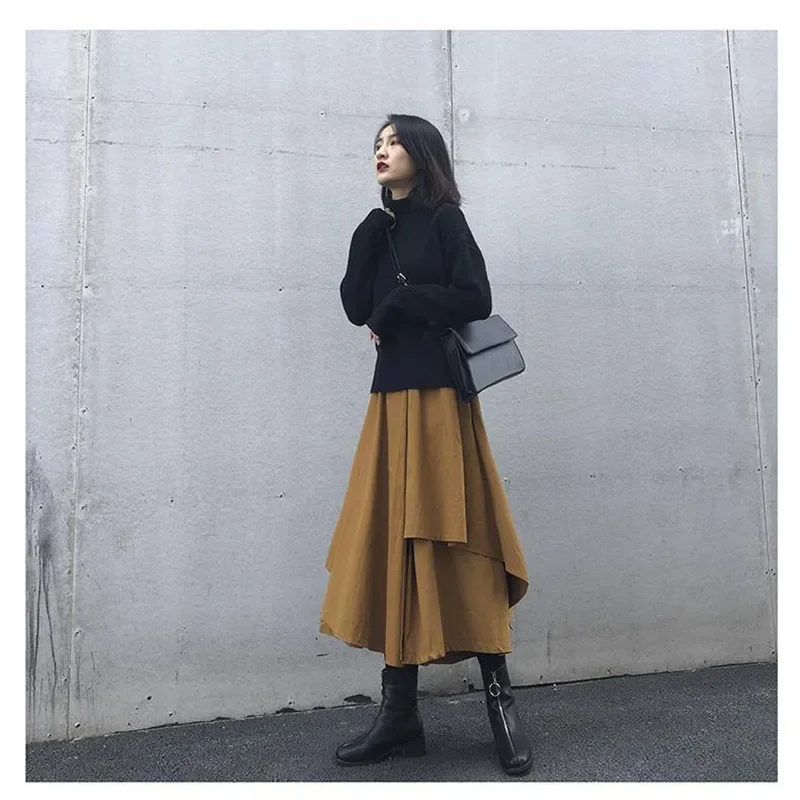 Black Skirts Woman Japanese Gothic Irregular High Waist Pleated Skirt Pants for Women Vintage Solid Cargo Skirts Female