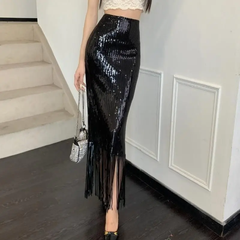 Sequin Tassel Bodycon Skirt High Waist Slim Fit Mid-Length Party Stage Glam Bottoms Women's Fashion Korean Style Sexy Midi Skirt