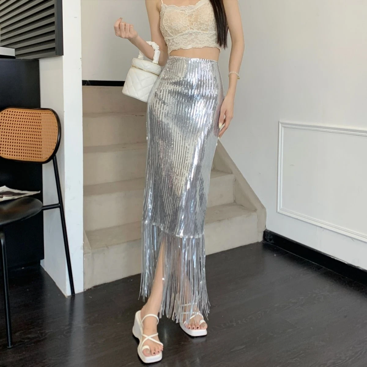 Sequin Tassel Bodycon Skirt High Waist Slim Fit Mid-Length Party Stage Glam Bottoms Women's Fashion Korean Style Sexy Midi Skirt