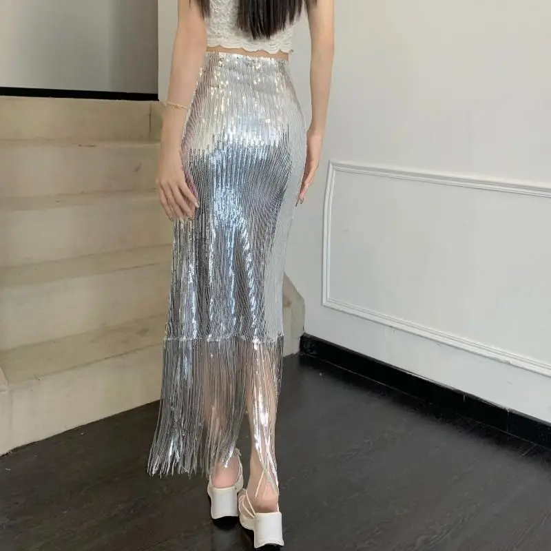 Sequin Tassel Bodycon Skirt High Waist Slim Fit Mid-Length Party Stage Glam Bottoms Women's Fashion Korean Style Sexy Midi Skirt