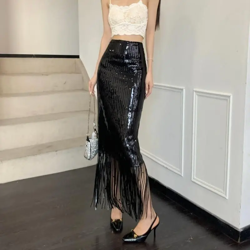 Sequin Tassel Bodycon Skirt High Waist Slim Fit Mid-Length Party Stage Glam Bottoms Women's Fashion Korean Style Sexy Midi Skirt