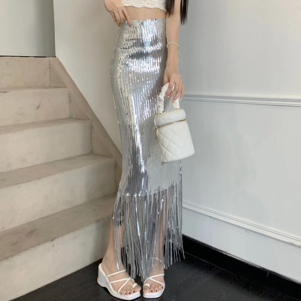 Sequin Tassel Bodycon Skirt High Waist Slim Fit Mid-Length Party Stage Glam Bottoms Women's Fashion Korean Style Sexy Midi Skirt