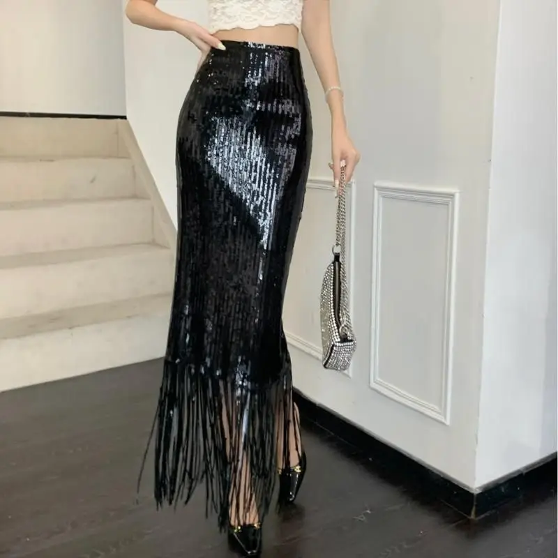 Sequin Tassel Bodycon Skirt High Waist Slim Fit Mid-Length Party Stage Glam Bottoms Women's Fashion Korean Style Sexy Midi Skirt