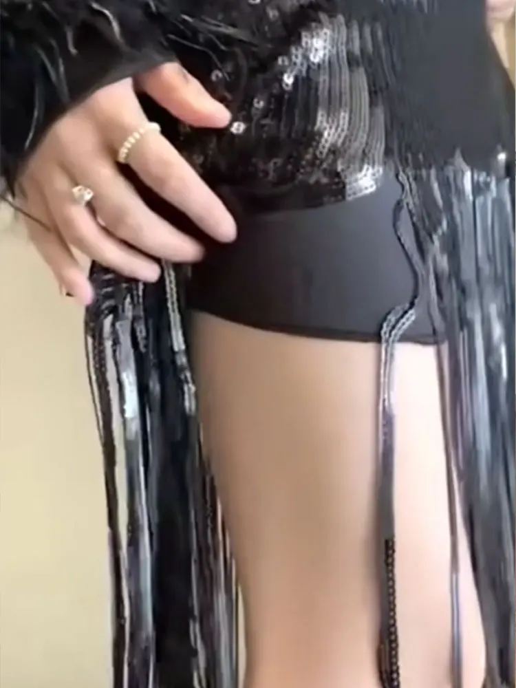 Sequin Tassel Bodycon Skirt High Waist Slim Fit Mid-Length Party Stage Glam Bottoms Women's Fashion Korean Style Sexy Midi Skirt