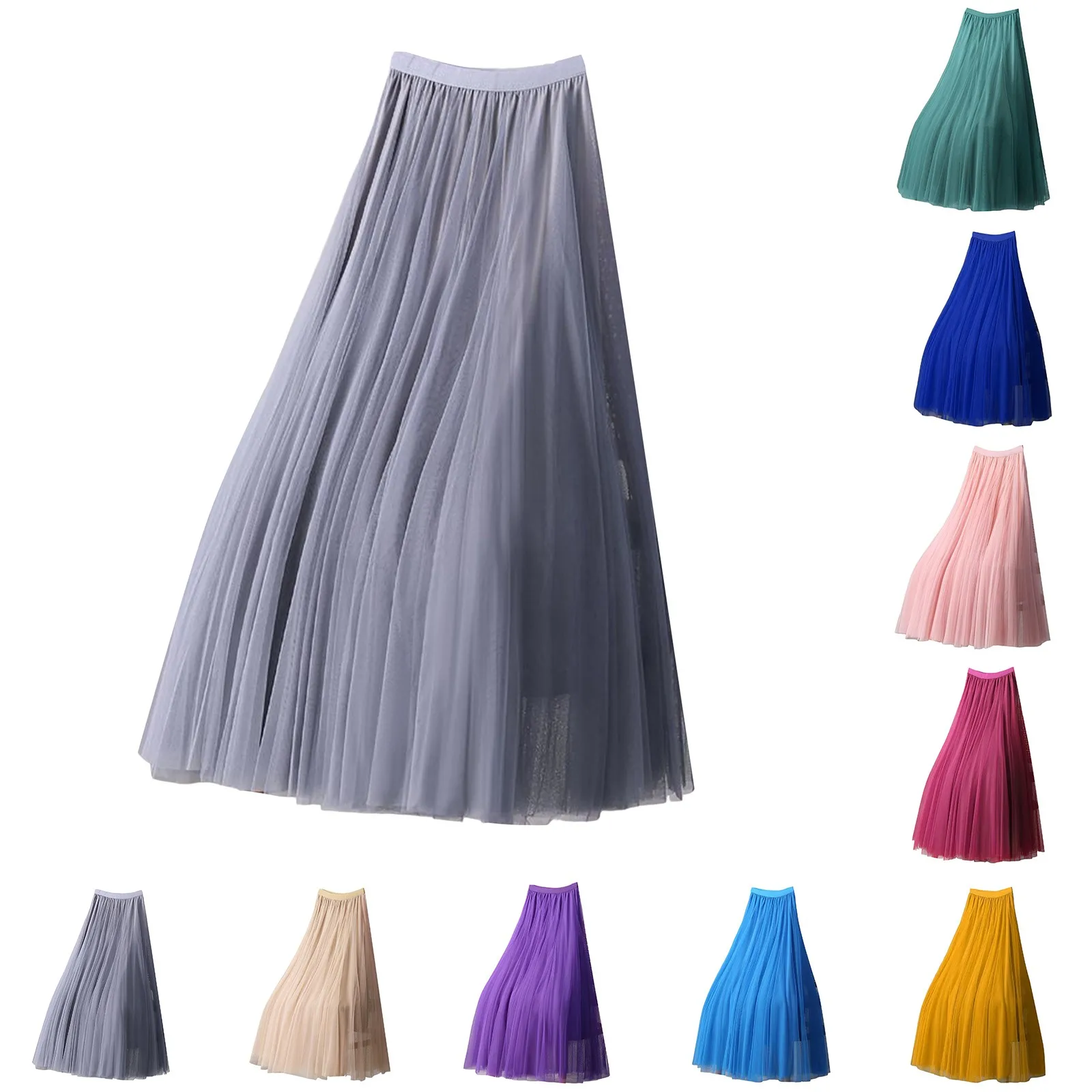 Elegant Tulle Skirts For Women High Waist Mesh Pleated Skirt Korean Fashion Elastic Waist All Match A Line Skirts Faldas