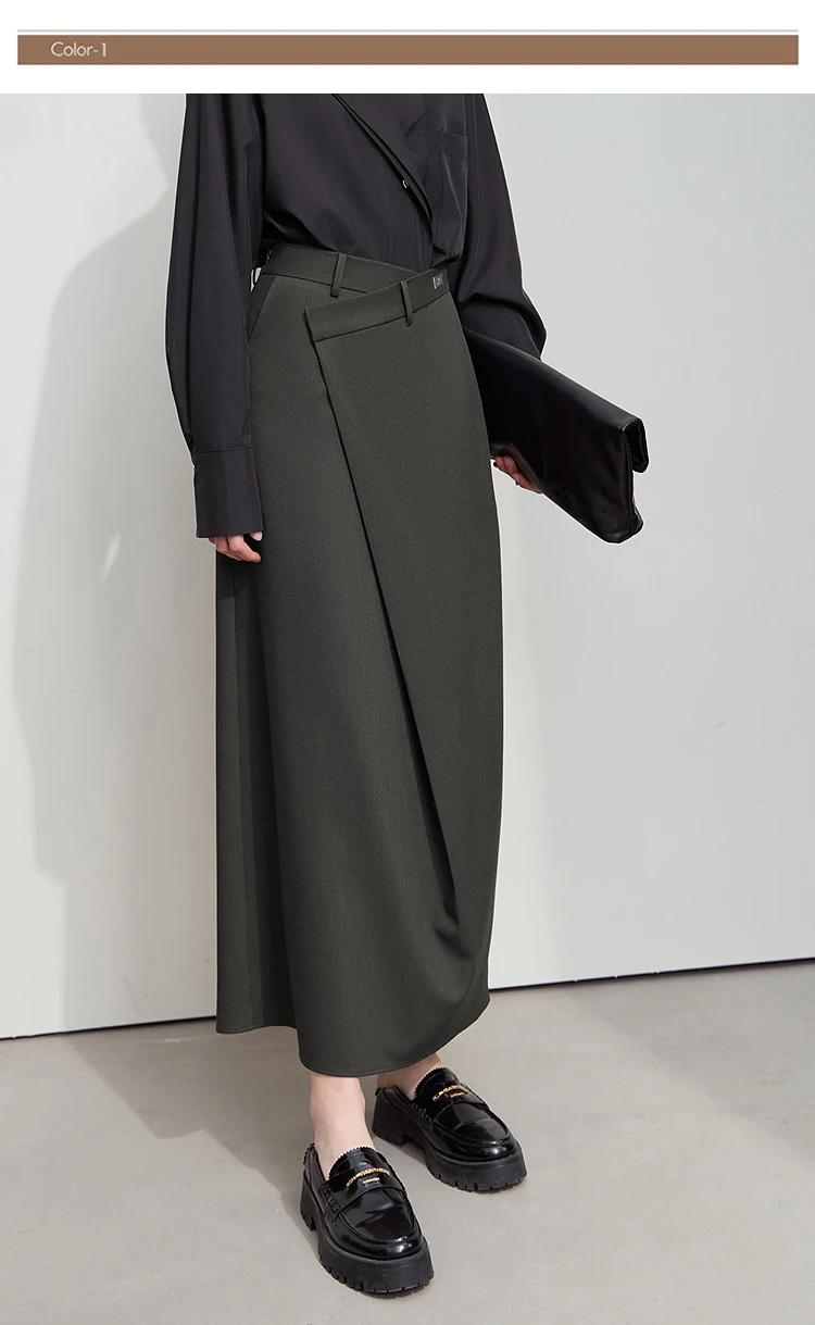 AMII Minimalist Half-body Skirt Women 2026 Autumn New Elegant Commuter Anti-wrinkle Asymmetric A-line Slim Long Skirt 12541053