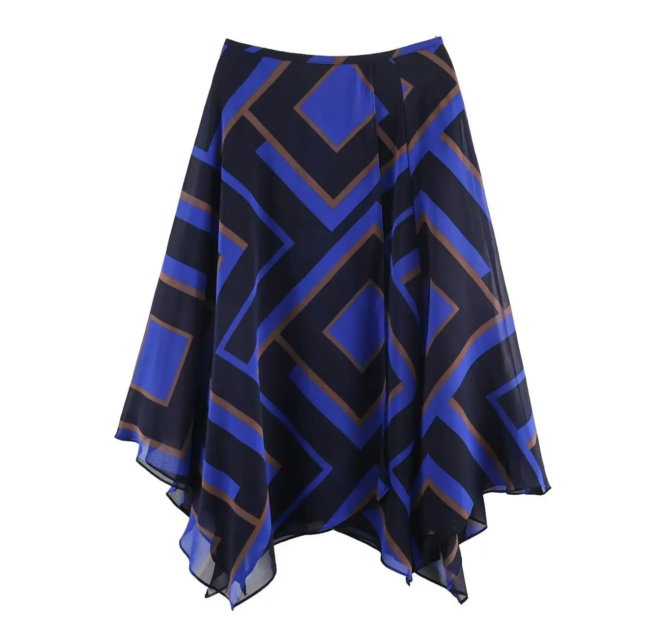 Spring Summer Women Colored Geometric Print Asymmetry Skirt Zipper Waist A-lined Swing Midi Long Chiffon Skirts