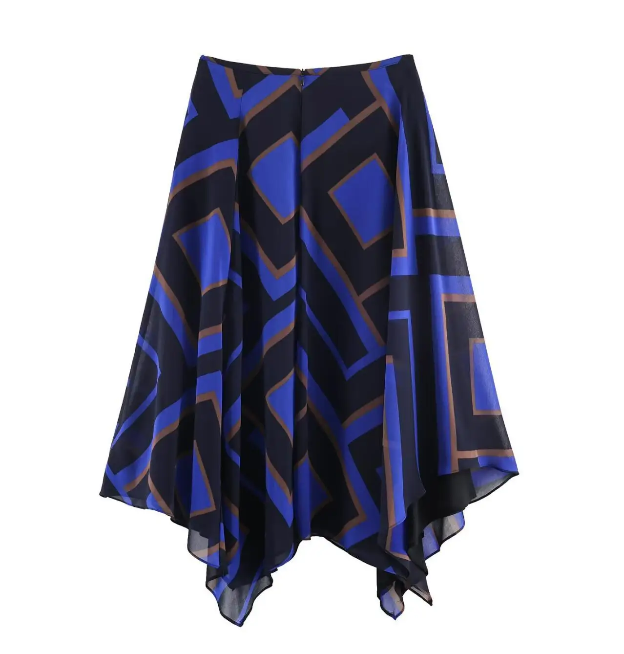 Spring Summer Women Colored Geometric Print Asymmetry Skirt Zipper Waist A-lined Swing Midi Long Chiffon Skirts