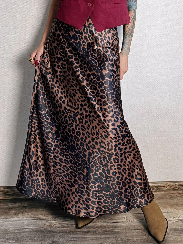 Long Leopard Skirt Women 2026 Luxury Satin Skirts Ladies Office Party A Line High Waist Brown Skirt For Women Maxi Spring Summer