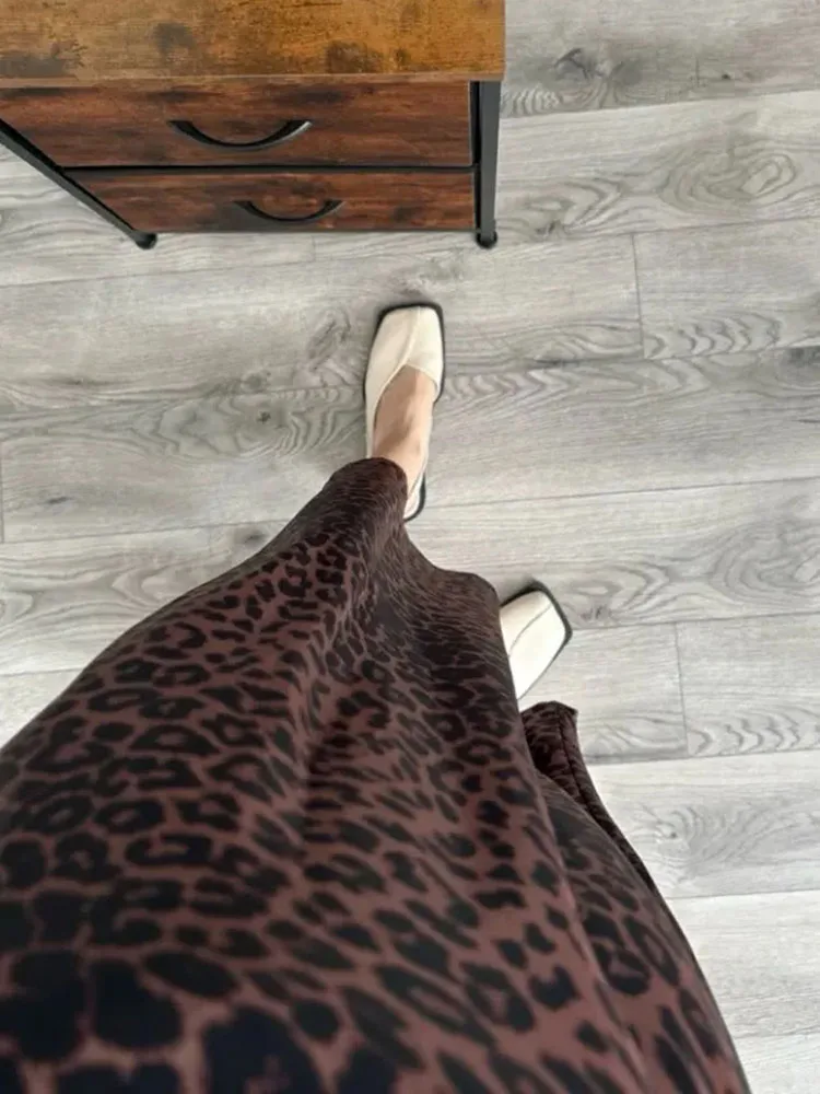 Long Leopard Skirt Women 2026 Luxury Satin Skirts Ladies Office Party A Line High Waist Brown Skirt For Women Maxi Spring Summer