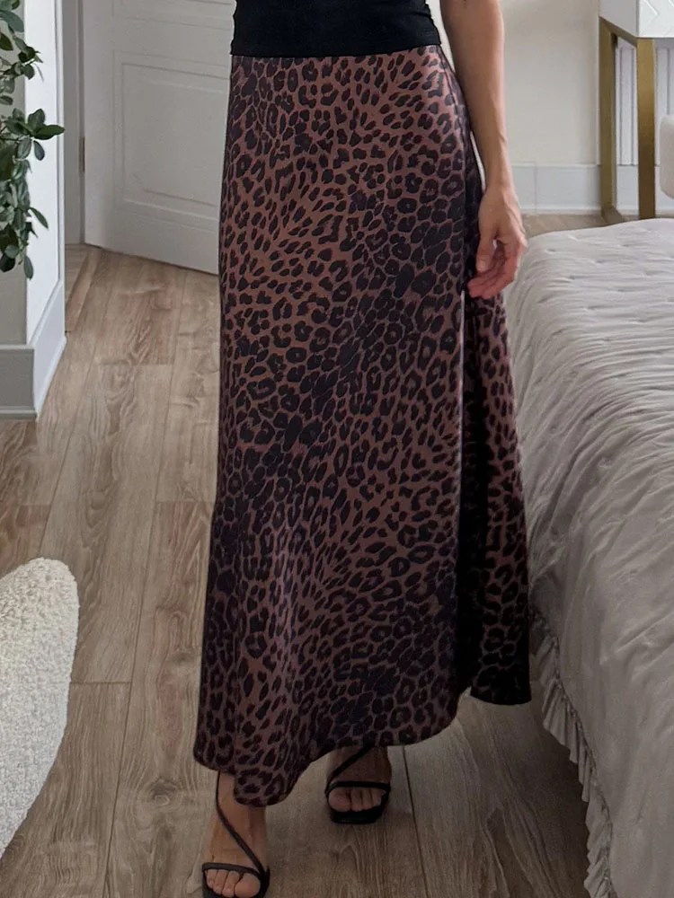 Long Leopard Skirt Women 2026 Luxury Satin Skirts Ladies Office Party A Line High Waist Brown Skirt For Women Maxi Spring Summer
