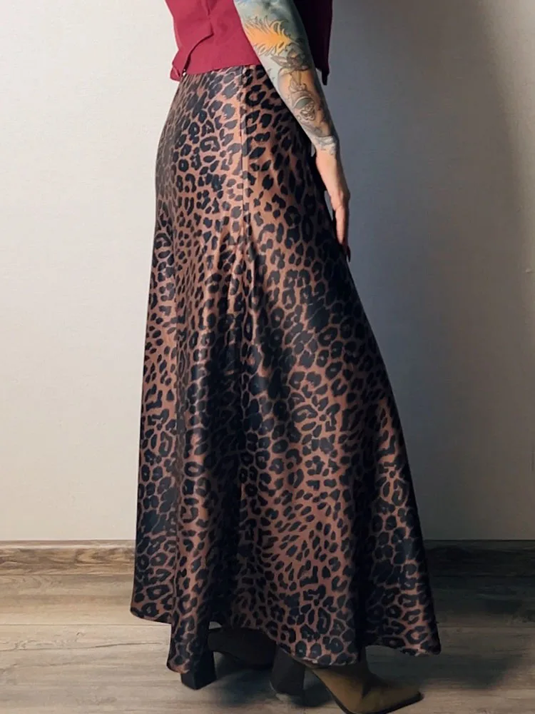 Long Leopard Skirt Women 2026 Luxury Satin Skirts Ladies Office Party A Line High Waist Brown Skirt For Women Maxi Spring Summer