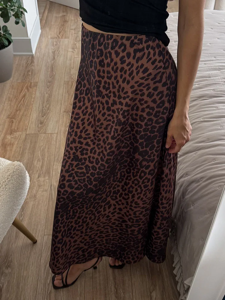 Long Leopard Skirt Women 2026 Luxury Satin Skirts Ladies Office Party A Line High Waist Brown Skirt For Women Maxi Spring Summer