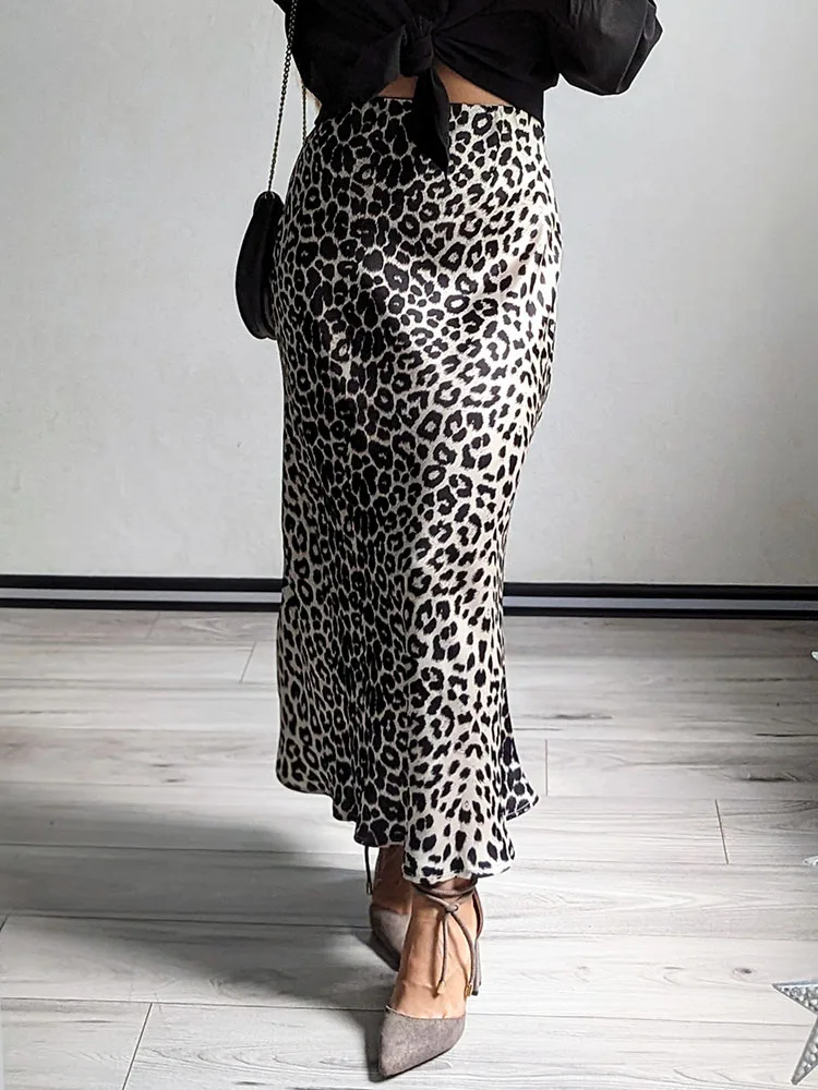 Long Leopard Skirt Women 2026 Luxury Satin Skirts Ladies Office Party A Line High Waist Brown Skirt For Women Maxi Spring Summer
