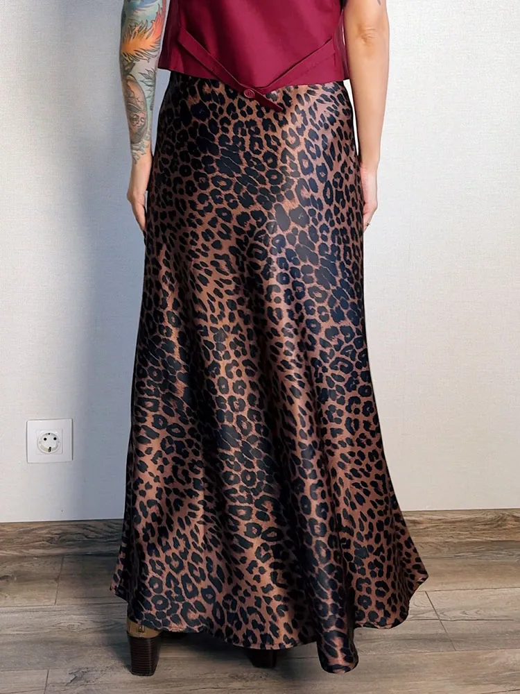 Long Leopard Skirt Women 2026 Luxury Satin Skirts Ladies Office Party A Line High Waist Brown Skirt For Women Maxi Spring Summer
