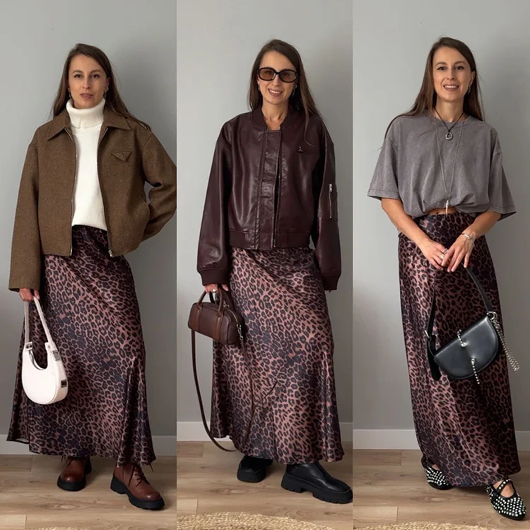 Long Leopard Skirt Women 2026 Luxury Satin Skirts Ladies Office Party A Line High Waist Brown Skirt For Women Maxi Spring Summer