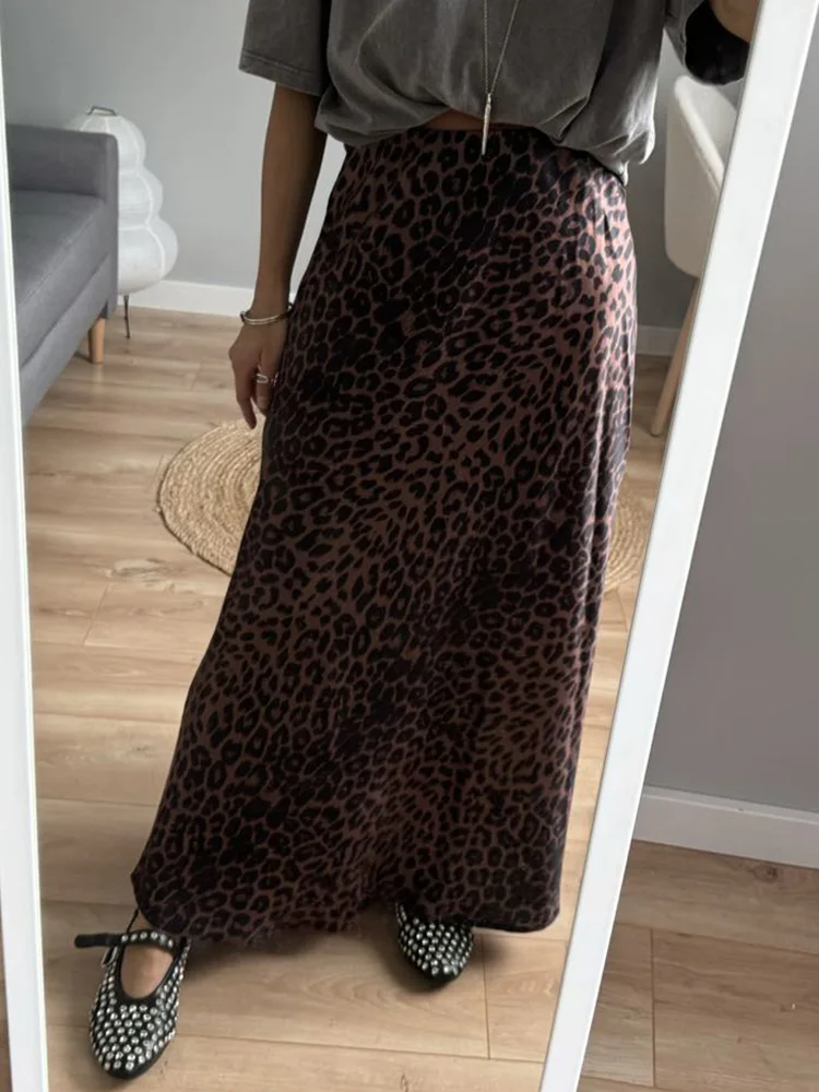 Long Leopard Skirt Women 2026 Luxury Satin Skirts Ladies Office Party A Line High Waist Brown Skirt For Women Maxi Spring Summer