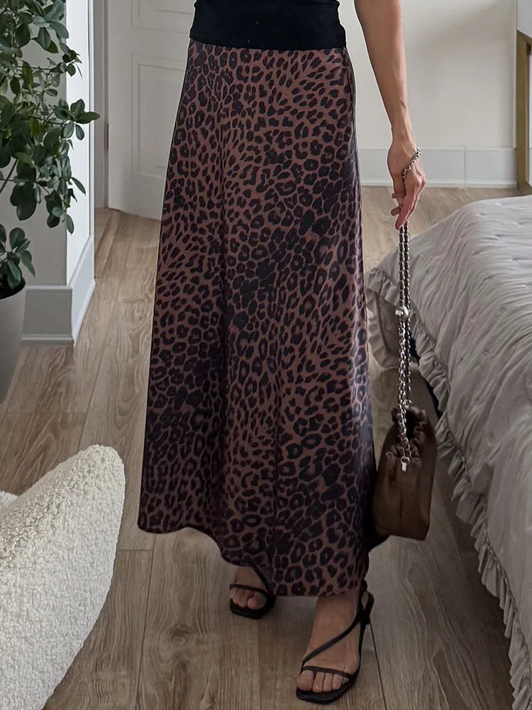 Long Leopard Skirt Women 2026 Luxury Satin Skirts Ladies Office Party A Line High Waist Brown Skirt For Women Maxi Spring Summer